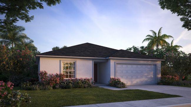 A digital rendering of a single-story suburban house with a two-car garage and landscaping — 12485 GULLIVER ROAD, SPRING HILL, FL