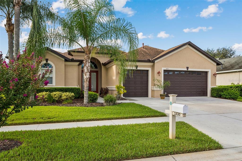 A single-story suburban house with a tan stucco exterior, a two-car garage, and a palm tree — 1430 BEACONSFIELD DRIVE, WESLEY CHAPEL, FL