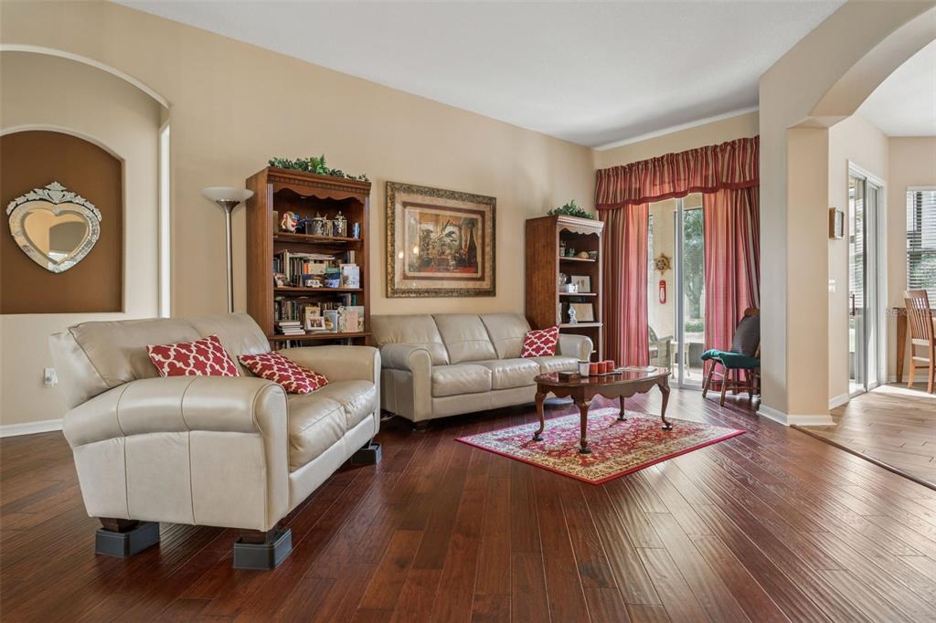 A living room features light-colored leather sofas, wood flooring, bookshelves, and a red area rug — 1430 BEACONSFIELD DRIVE, WESLEY CHAPEL, FL
