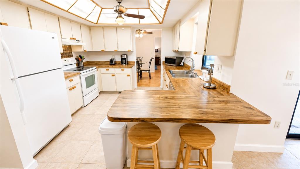 A kitchen sink overlooks a backyard swimming pool through a large window — 1526 GEORGETOWNE LANE, SARASOTA, FL