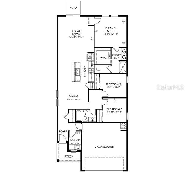 This floor plan shows a three-bedroom, two-bathroom home with a two-car garage and rear patio — 13811 OWEN PRESERVE RUN, PARRISH, FL