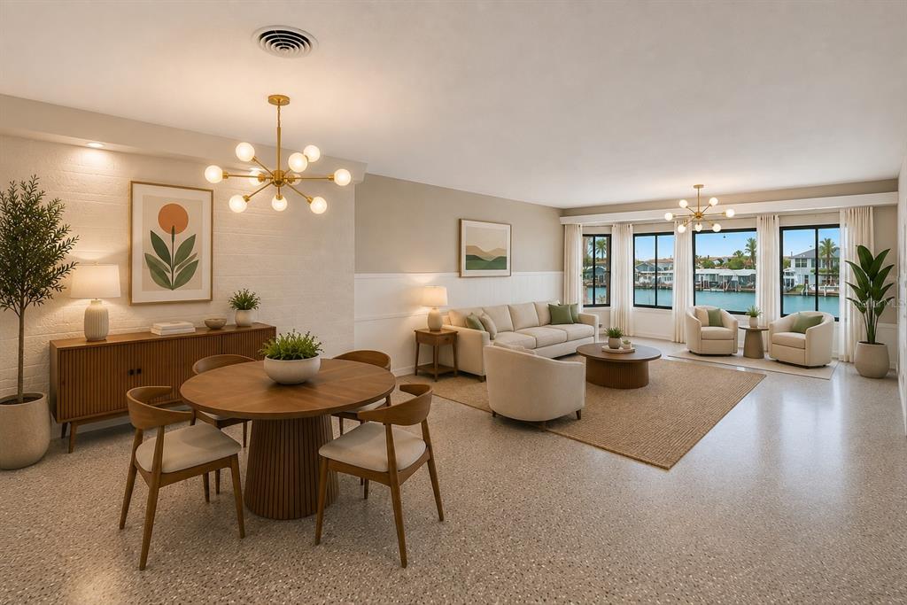 A bright, open-concept living and dining room features modern furniture, terrazzo floors, and waterfront views — 3860 BELLE VISTA E, ST PETE BEACH, FL
