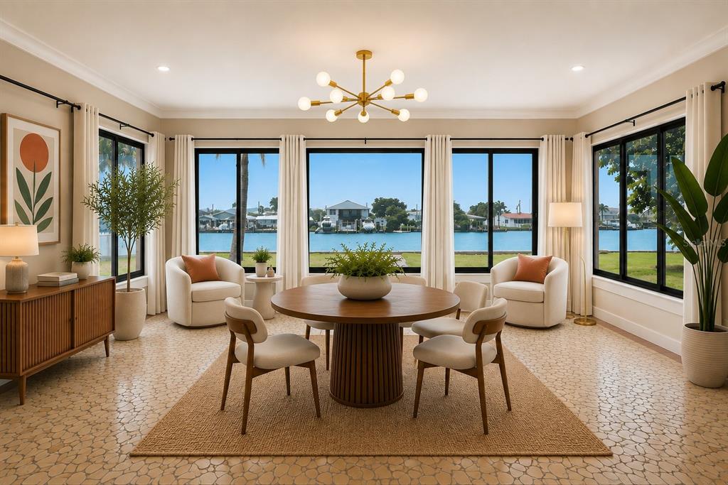 A dining area with a round table, four chairs, and large windows overlooking a canal — 3860 BELLE VISTA E, ST PETE BEACH, FL