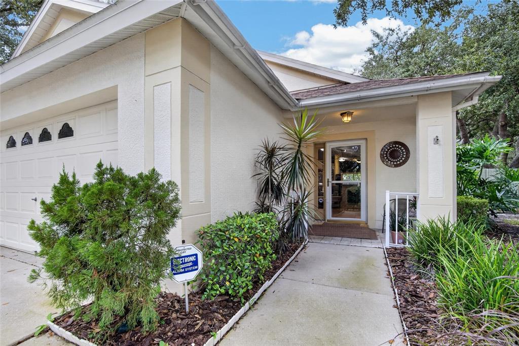 The exterior of a house features a garage, a front walkway, and a glass door — 5848 MEADOWPARK PLACE, LITHIA, FL