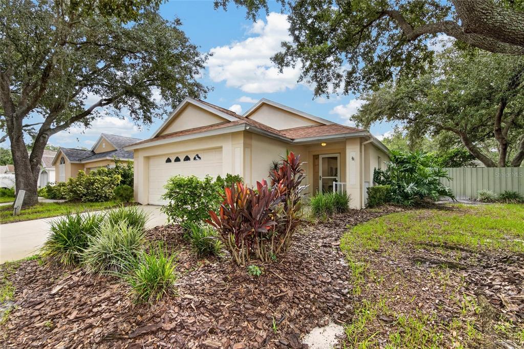 A single-story house with a tan exterior, a two-car garage, and mature trees in front — 5848 MEADOWPARK PLACE, LITHIA, FL