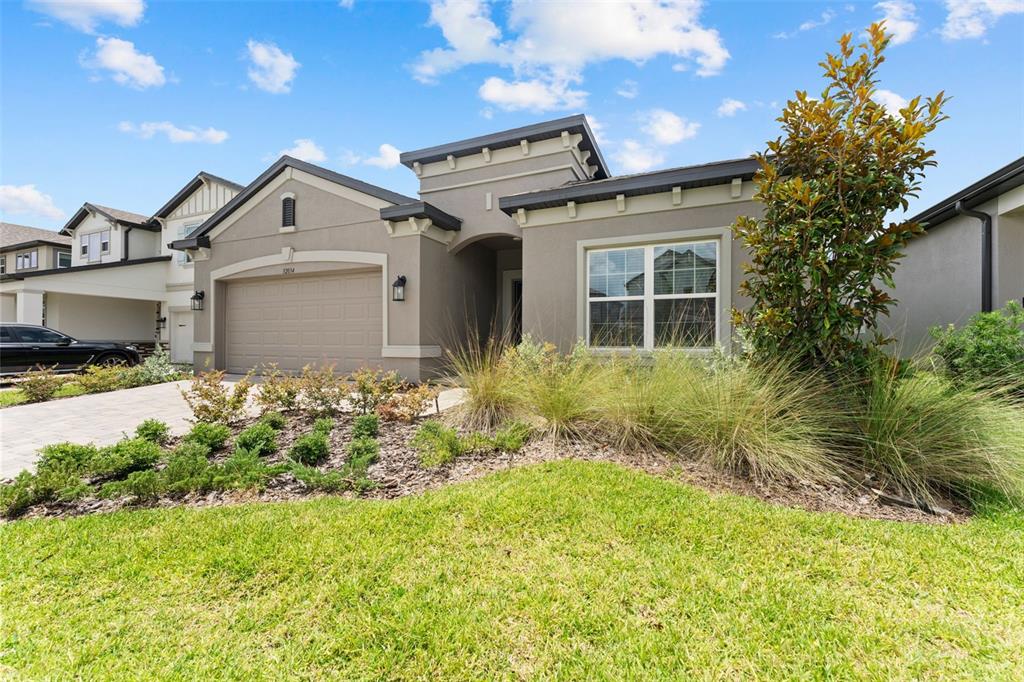 A single-story house with a beige stucco exterior, a two-car garage, and a landscaped front yard — 32034 SAPNA CHIME DRIVE, WESLEY CHAPEL, FL