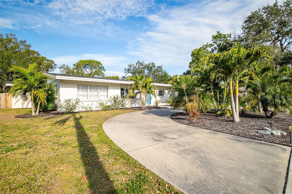 A single-story white house with a curved concrete driveway and palm trees in the yard — 703 WHITFIELD AVENUE, SARASOTA, FL