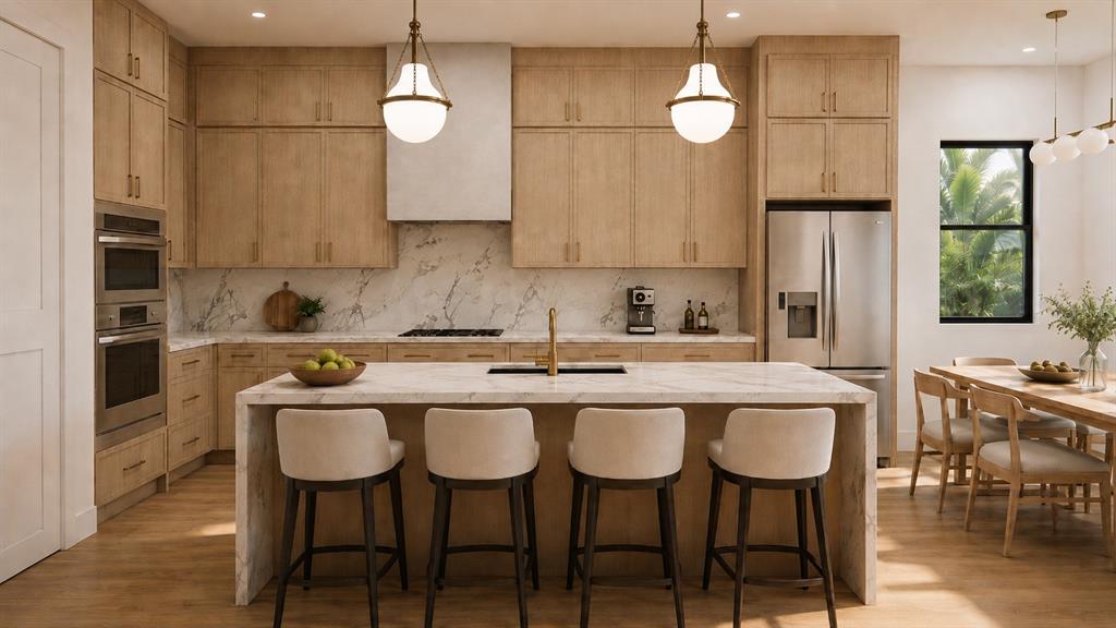 This rendering shows a modern kitchen with light wood cabinets, a marble island, and barstools — 2614 QUINCY STREET S, GULFPORT, FL