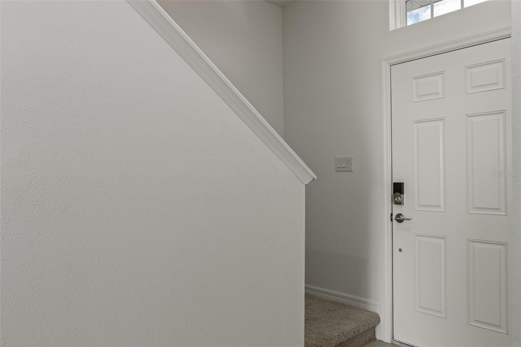 An entryway features a white door, a carpeted staircase, and light-colored walls — 6357 FAIRMONT LANE, PALMETTO, FL