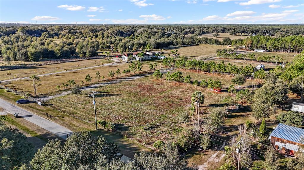 An aerial view shows a large, grassy lot with scattered trees, power lines, and nearby houses — 18121 BETHLEHEM ROAD, LITHIA, FL