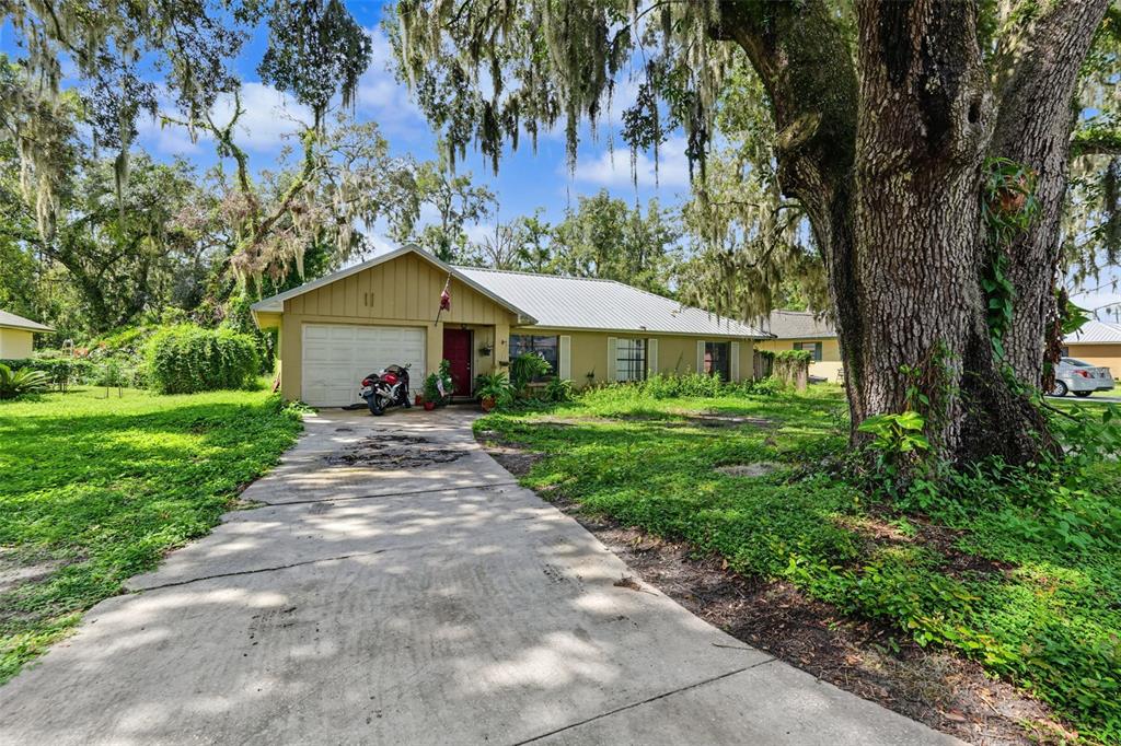 A single-story house with a metal roof, concrete driveway, and large oak tree in front — 509 E DREW STREET, PLANT CITY, FL