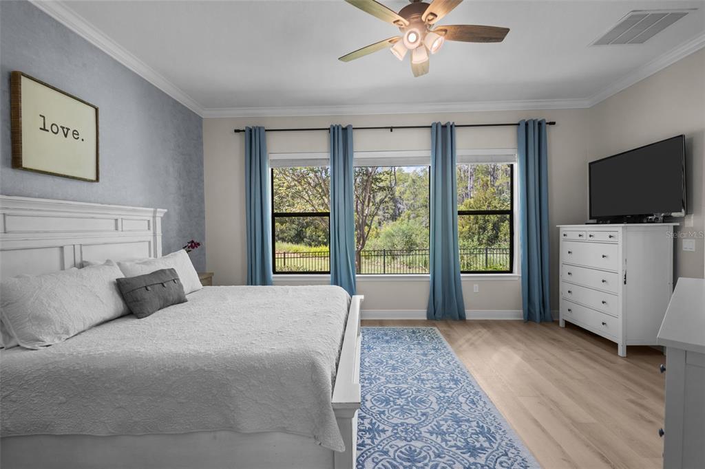 A bedroom features a white bed, blue curtains, a patterned rug, and a white dresser — 15170 AVILES PARKWAY, ODESSA, FL
