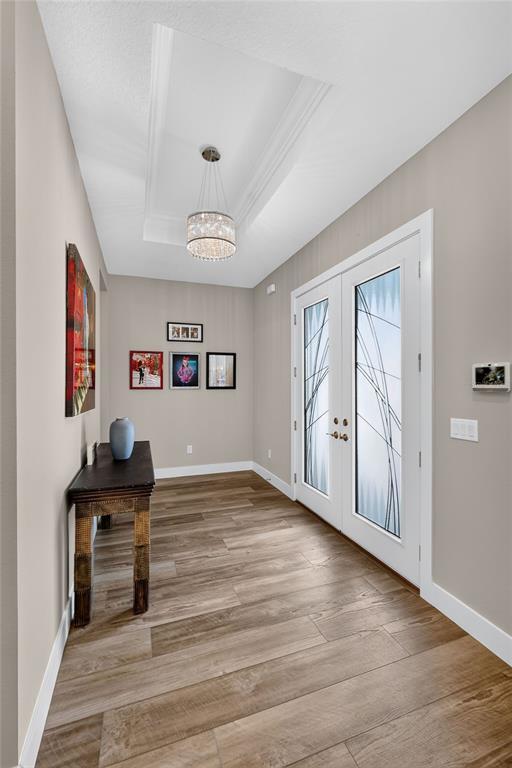 An entryway features wood-look tile flooring, a tray ceiling with a chandelier, and double doors — 10470 PURPLE THISTLE WAY, SAN ANTONIO, FL