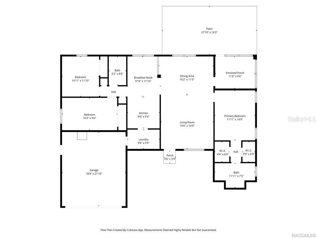 This is a floor plan showing a house with three bedrooms, a garage, and a patio — 1342 S BROOKFIELD DRIVE, LECANTO, FL