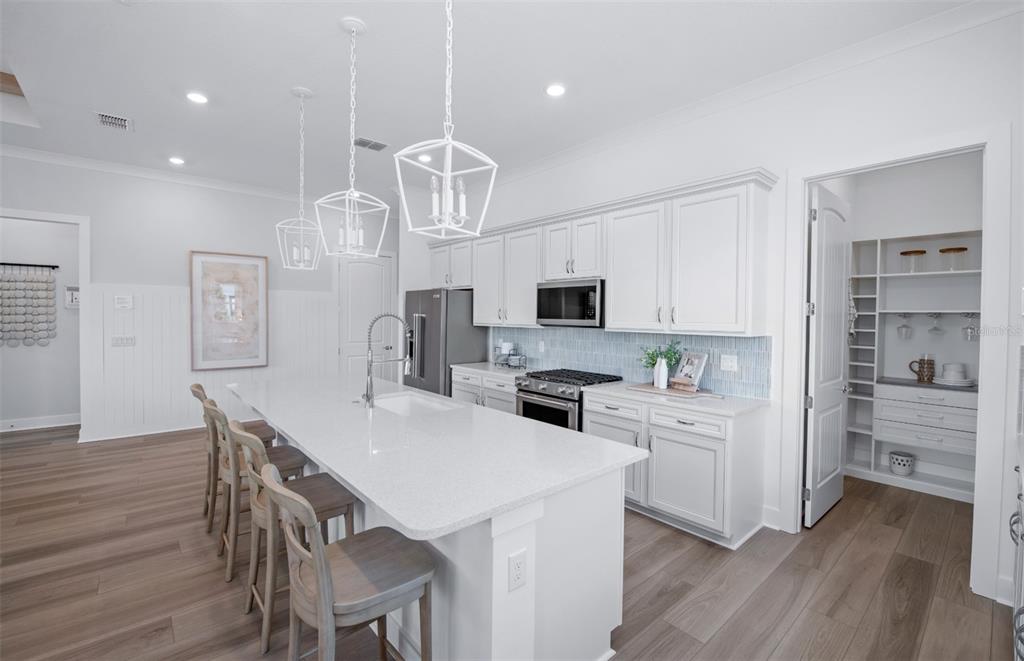 A modern kitchen features white cabinetry, a large quartz island with seating, and a pantry — 11316 CLAY AVENUE, PARRISH, FL