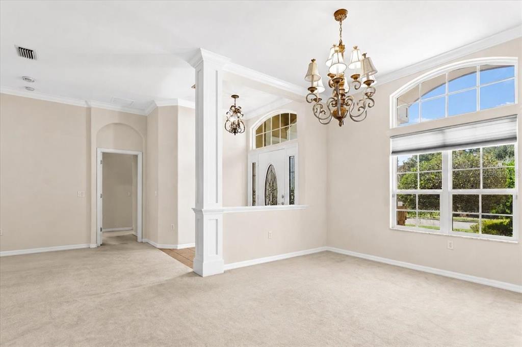 A carpeted dining room features a large chandelier, a white column, and a windowed entryway — 14160 NW 29TH AVENUE, GAINESVILLE, FL