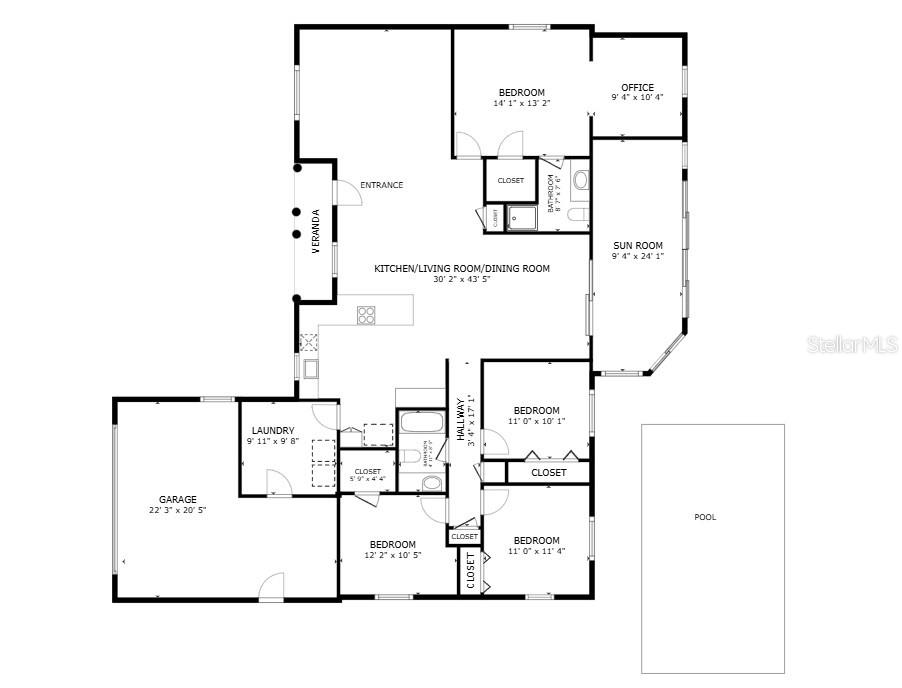 This floor plan shows a house with a garage, pool, and multiple bedrooms — 8622 BAYLOR CIRCLE, ORLANDO, FL