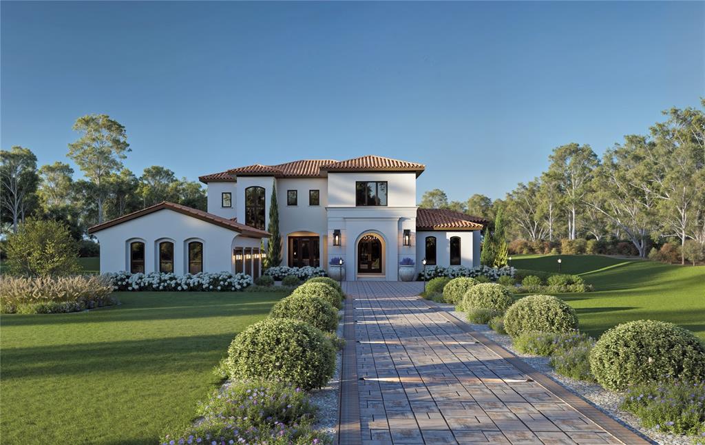 A rendering of a two-story Mediterranean-style house with a paved driveway and landscaped lawn — 15016 PENDIO DRIVE, BELLA COLLINA, FL