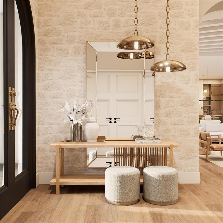 This rendering shows a living room with a wall-mounted television, wood console, and molding — 15016 PENDIO DRIVE, BELLA COLLINA, FL