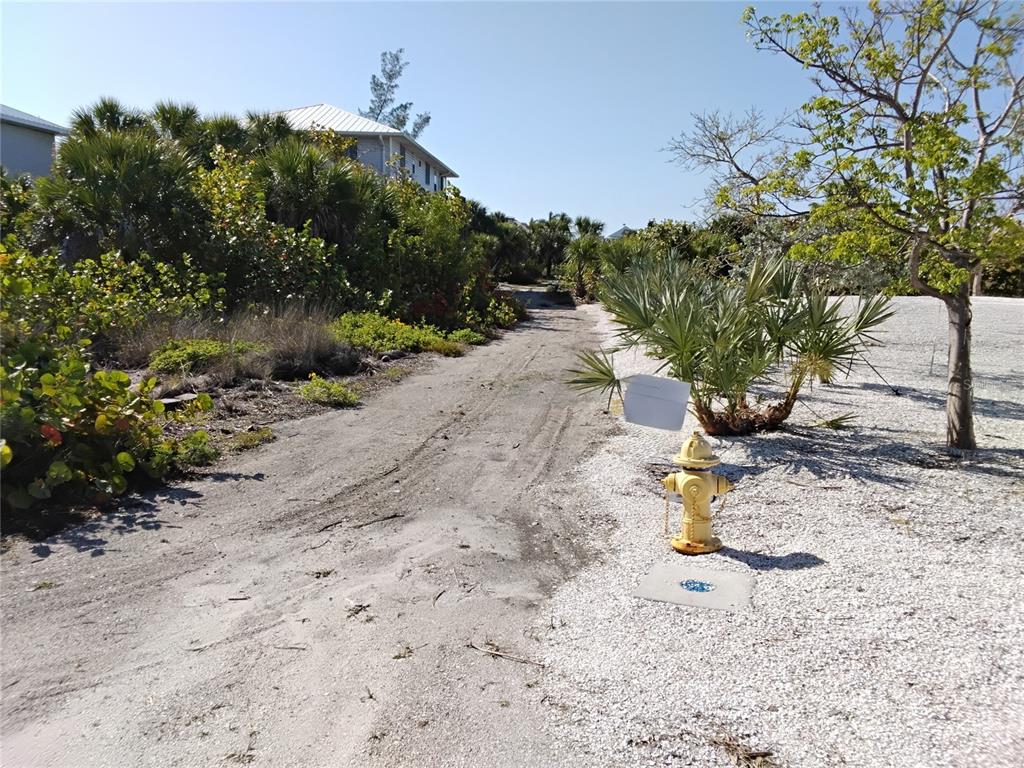 A dirt path leads past a yellow fire hydrant toward a house surrounded by vegetation — 91 GASPARILLA WAY, PLACIDA, FL