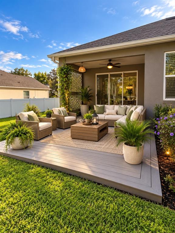 A patio view features a potted plant, a wind chime, and a white vinyl fence — 2379 PICKFORD CIRCLE, APOPKA, FL