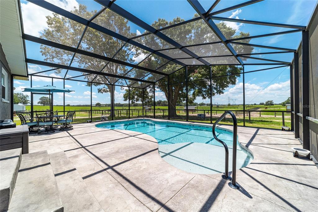A screened-in swimming pool patio overlooks a grassy field with trees under a blue sky — 1285 NW 102ND BOULEVARD, WILDWOOD, FL