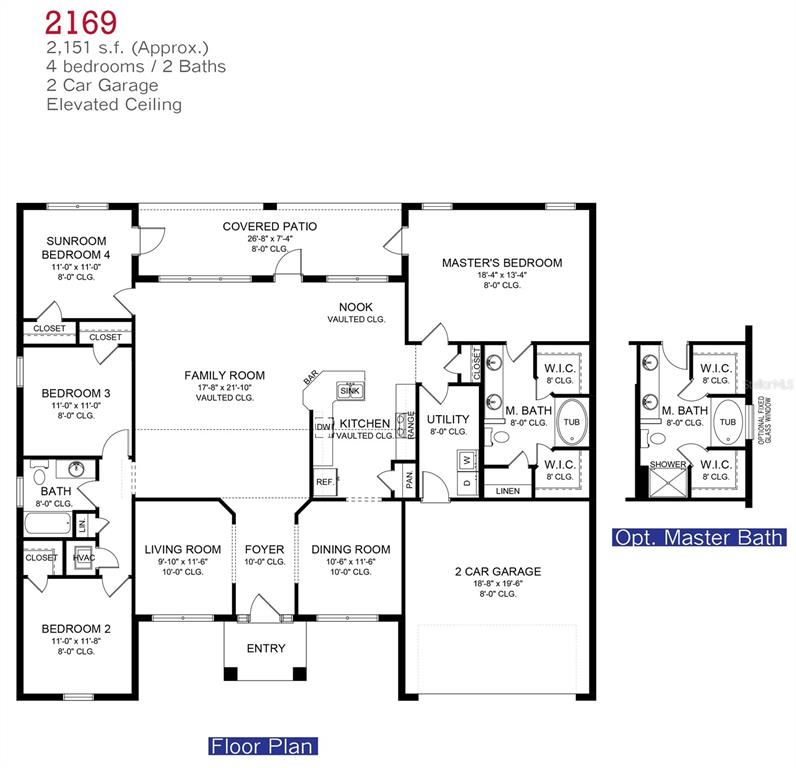 This floor plan shows a four-bedroom, two-bathroom home with a two-car garage and patio — 133 BROADMOOR LANE, ROTONDA WEST, FL