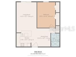 This is a floor plan for a one-bedroom apartment with a kitchen, living room, and bath — 8901 BLIND PASS ROAD UNIT 124, ST PETE BEACH, FL