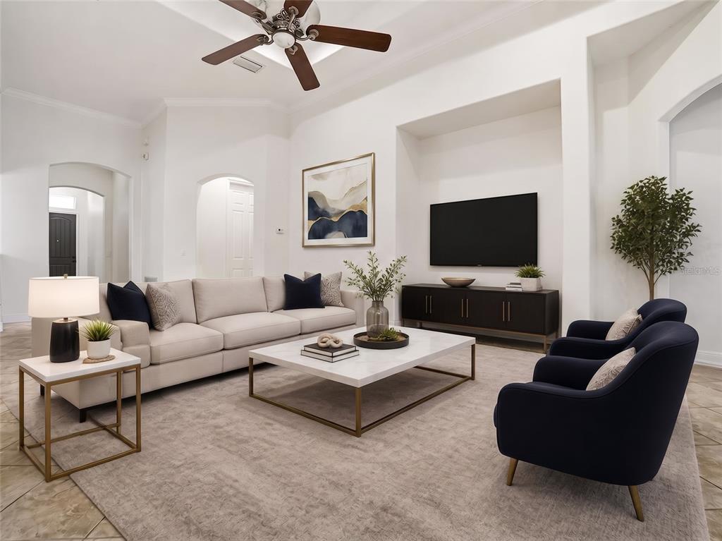 A hallway features light-colored walls, white baseboards, and tile flooring with a decorative border — 1404 CARING COURT, MAITLAND, FL