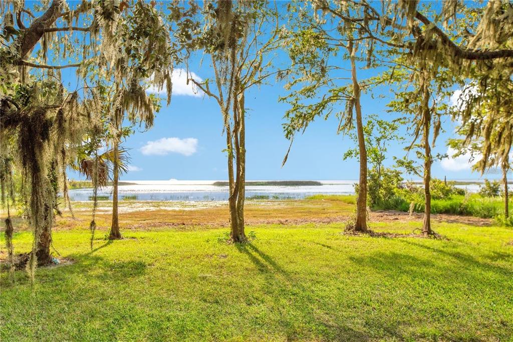 A grassy yard with trees overlooks a lake under a bright blue sky — 4810 CALASANS AVENUE, ST CLOUD, FL