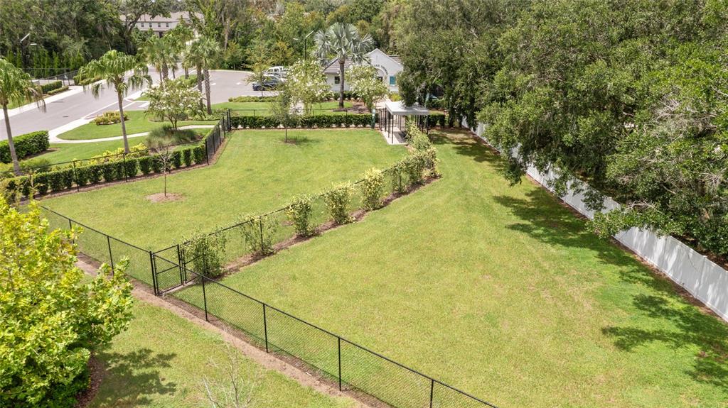 An aerial view shows a fenced-in grassy dog park area surrounded by trees and landscaping — 6140 SHINER STREET, LAND O LAKES, FL
