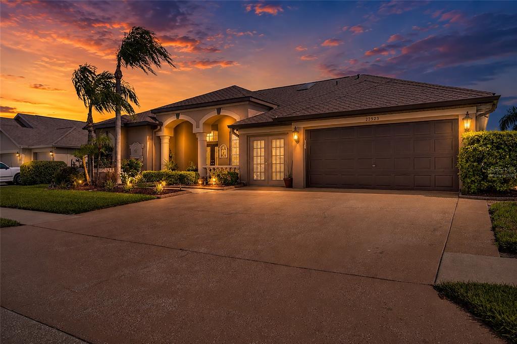 A single-story house with a brown garage, arched entryway, and palm trees at sunset — 22523 WILLOW LAKES DRIVE, LUTZ, FL