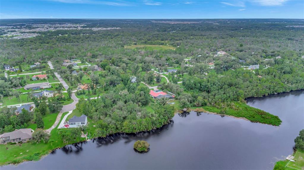 An aerial view shows houses nestled among dense trees along the edge of a lake — 12612 LAKE HILLS DRIVE, RIVERVIEW, FL