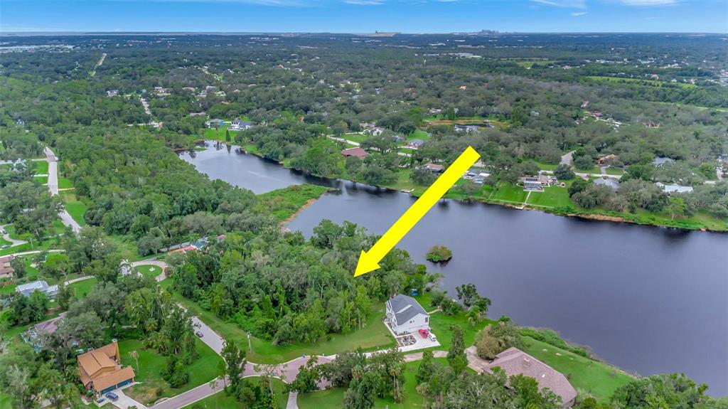 An aerial view shows a wooded vacant lot situated between a lake and a house — 12612 LAKE HILLS DRIVE, RIVERVIEW, FL