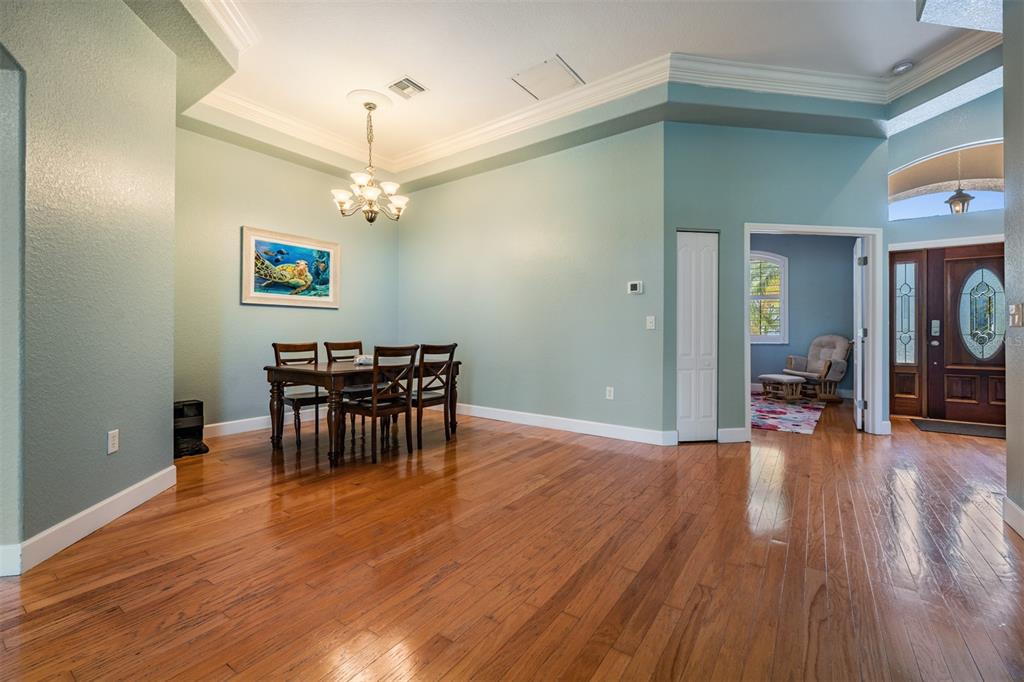 A dining room with light blue walls, hardwood floors, and a dark wood dining set — 2008 N POINTE ALEXIS DRIVE, TARPON SPRINGS, FL