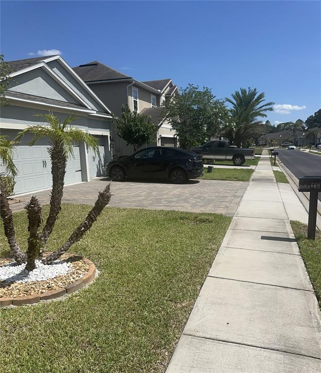 A suburban street view showing a house with a paved driveway, palm tree, and sidewalk — 226 BRUNSWICK DRIVE, DAVENPORT, FL
