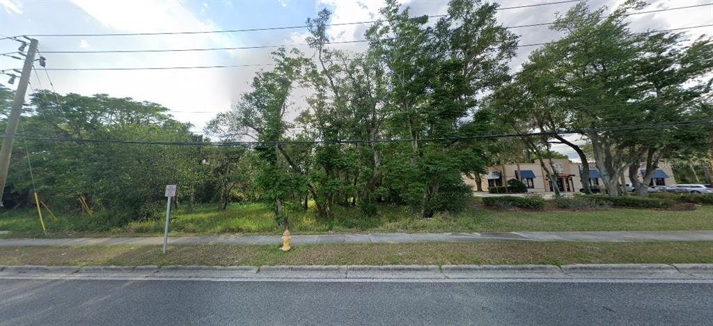 A vacant, wooded lot sits between a sidewalk and a commercial building under a cloudy sky — E 44 E SOUTH ST,, DELAND, FL