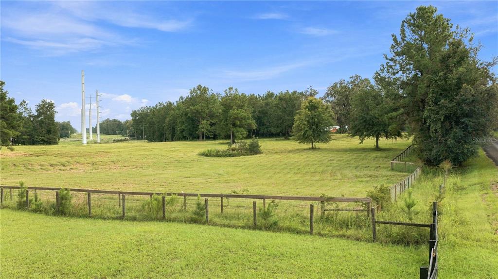 A fenced grassy pasture features scattered trees and power lines under a blue sky — 18601 NW 160TH AVENUE, WILLISTON, FL