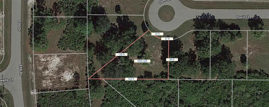 An aerial map shows a vacant, irregularly shaped residential lot with property dimensions and square footage — 3 DAVIT COURT, PLACIDA, FL