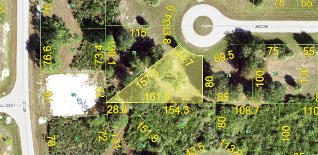 This is a satellite map showing a highlighted residential lot with property boundary dimensions — 3 DAVIT COURT, PLACIDA, FL