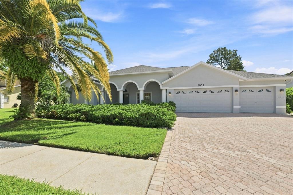 A single-story house with a paved driveway, arched entryway, and a large palm tree — 501 MANISHA PLACE, TARPON SPRINGS, FL