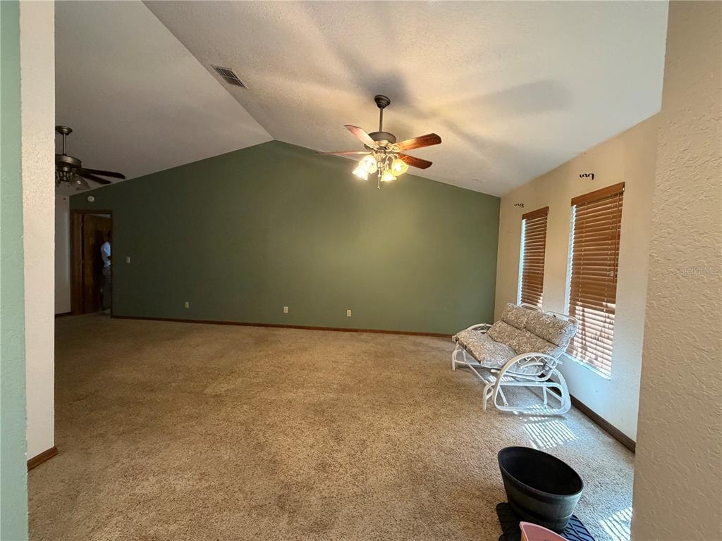 A living room with beige carpet, a vaulted green wall, and a white wicker loveseat — 215 SANTA ROSA DRIVE, WINTER HAVEN, FL