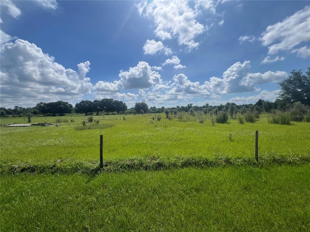 A wide, grassy field is enclosed by a wire fence under a bright, cloudy sky — 8755 WAUCHULA ROAD, MYAKKA CITY, FL