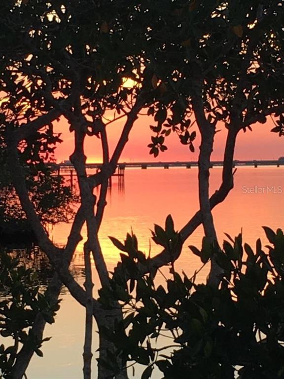 A view of a sunset over the water framed by silhouetted tree branches and a bridge — 4300 RIVERSIDE DRIVE UNIT 109, PUNTA GORDA, FL