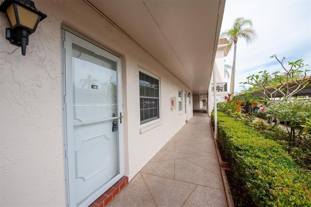 An exterior walkway leads past a white door and window along a building facade — 845 MAPLE COURT UNIT 103, DUNEDIN, FL