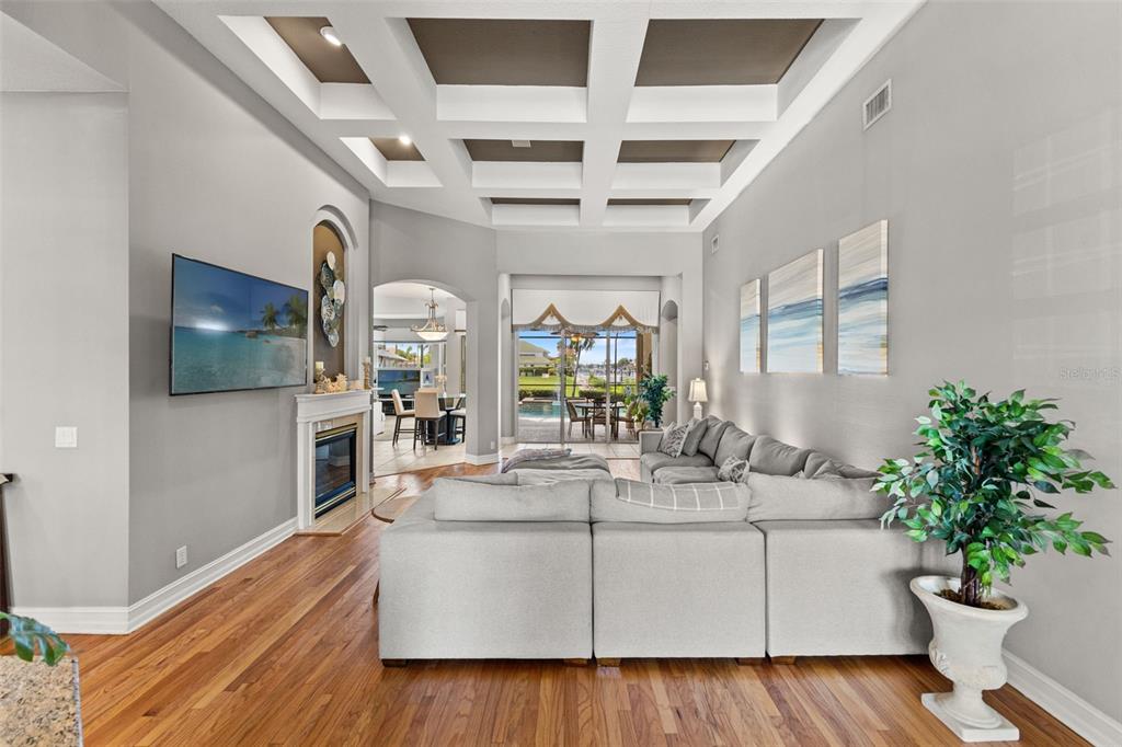 A living room features a coffered ceiling, a fireplace, and a large sectional sofa — 1105 3RD STREET E, PALMETTO, FL
