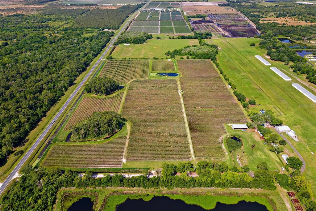 An aerial view shows a large agricultural property with crop fields, wooded areas, and ponds — 7453 JONES AVENUE, MOUNT DORA, FL