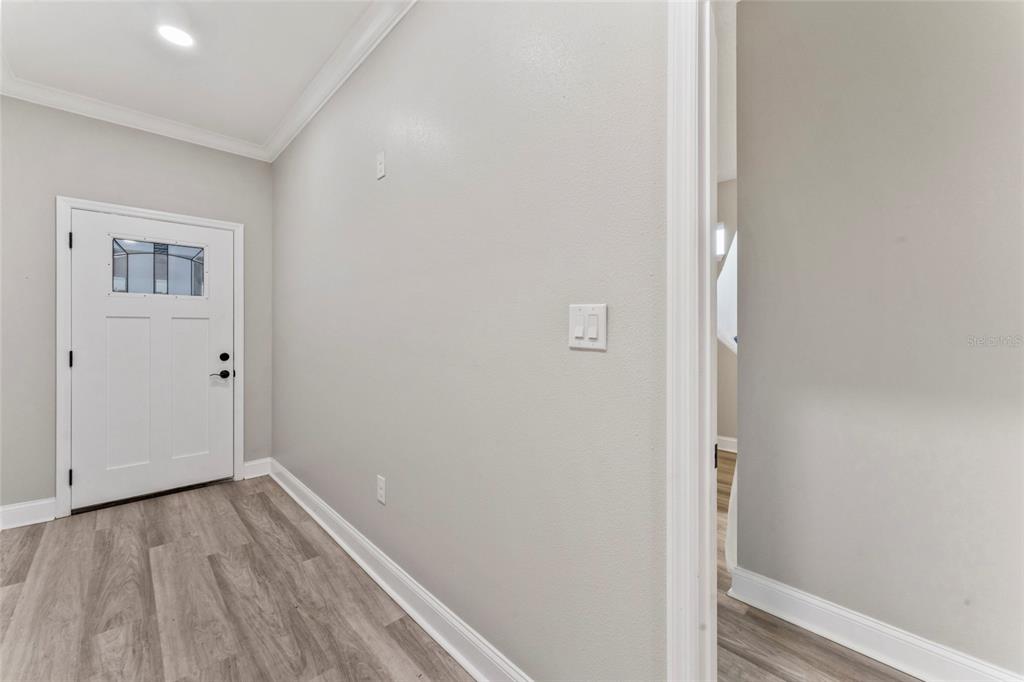 An entryway features light gray walls, wood-look flooring, a white front door, and crown molding — 809 W LINEBAUGH AVE UNIT 2A, TAMPA, FL