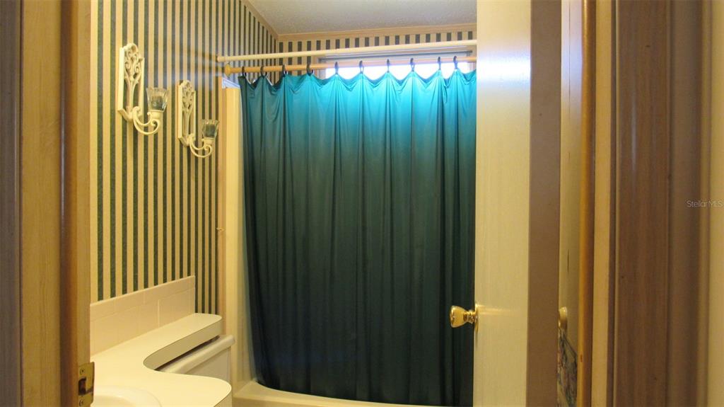 A bathroom features a teal shower curtain, striped wallpaper, and two wall-mounted light fixtures — 2103 STACEY DRIVE, MOUNT DORA, FL