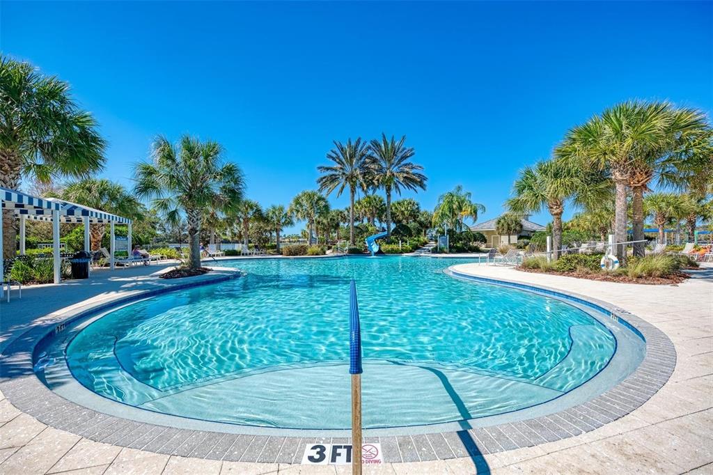 A swimming pool with a slide and palm trees under a clear blue sky — 1358 STILL RIVER DRIVE, VENICE, FL